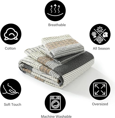 Miniatura 6 de PANGUSHAN Juego de edredón 100% algodón, tamaño Queen, juego de ropa de cama de retazos, edredón ligero y reversible, color blancomarróngris para