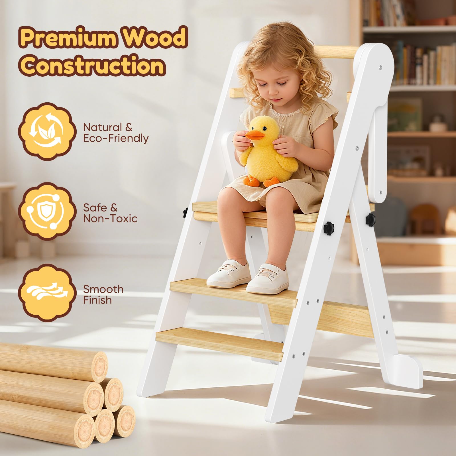 Tour d'apprentissage Montessori Réglable en Hauteur Pliable Anti-Bascule pour Enfants 18 Mois à 6 Ans Bois Naturel