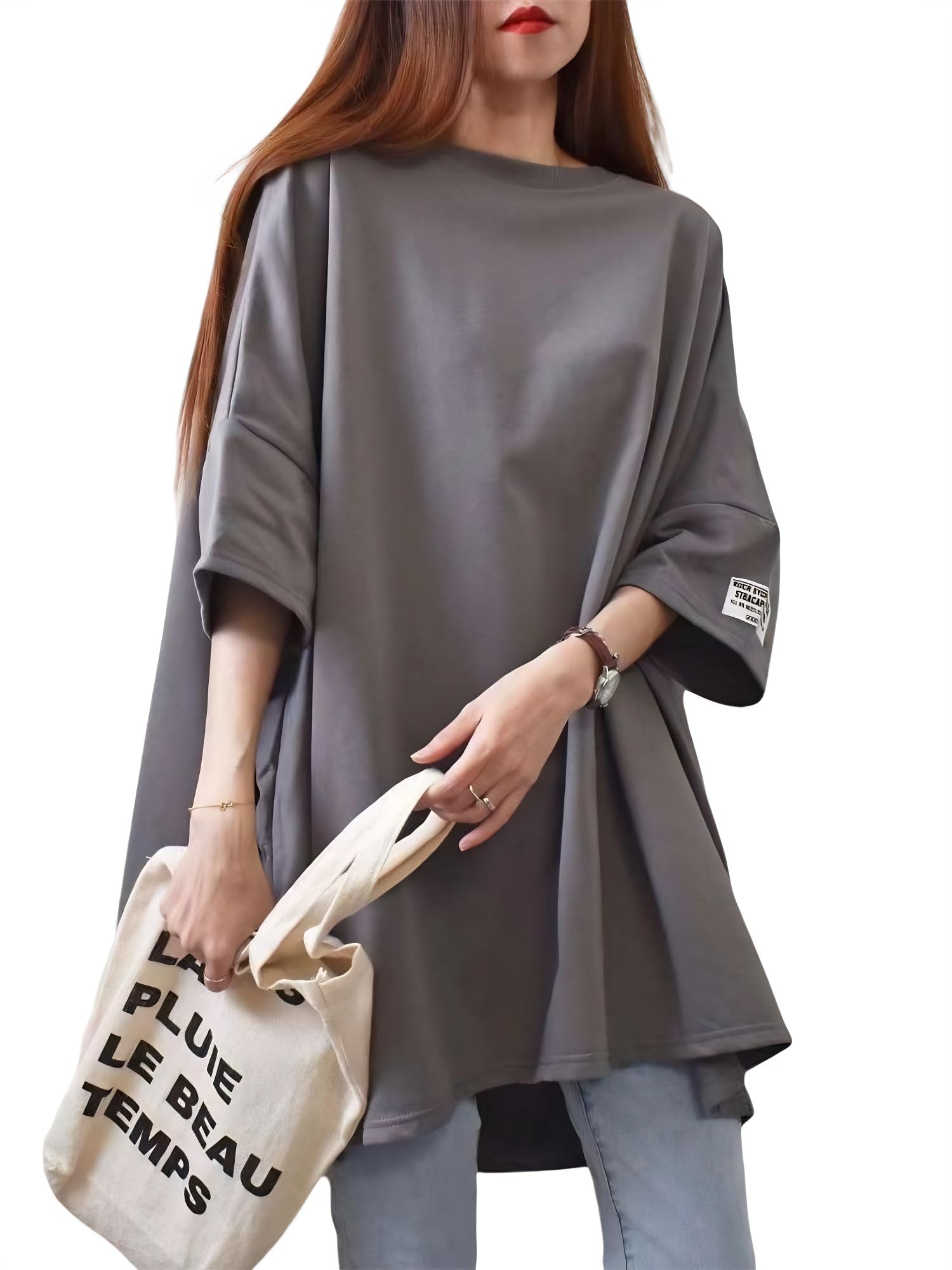 [UMIYI] ビッグTシャツ 五分袖 オーバーサイズ ロンT テールカット ク…