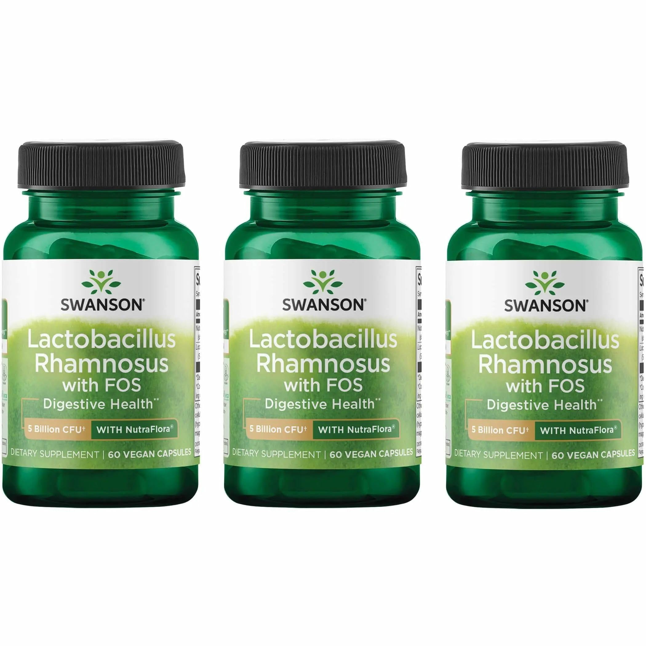 Swanson Lactobacillus Rhamnosus with FOS - Probiotic Supplement Supports Digestive Health - 5 Billion CFU - Promotes GI Tract Health During Travel - (60 Veggie Caps) 3 Pack