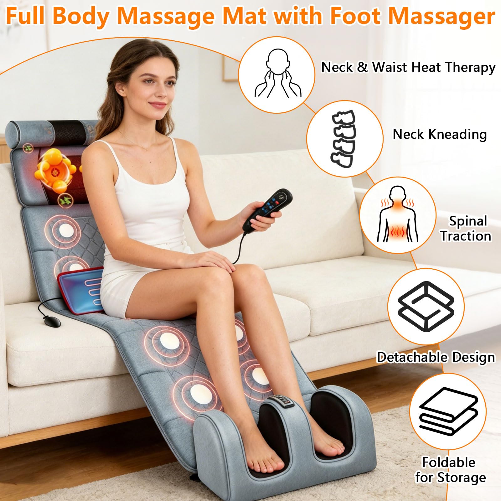 Esterilla de masaje de cuerpo completo con función de calor, cojín de asiento de masaje con 10 motores de vibración, masaje de pies, masaje de cuello y espalda, esterilla eléctrica de masaje