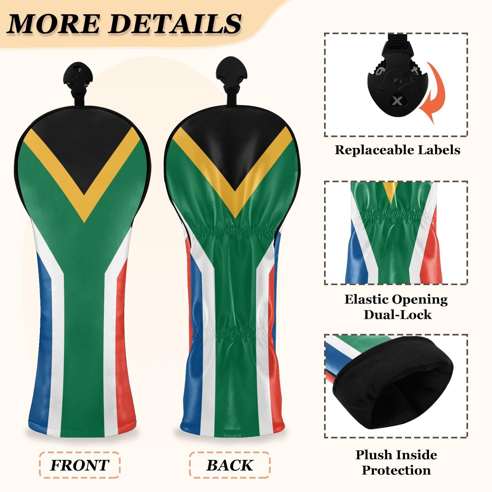 Südafrika-Flagge, südafrikanische Nationalgolfhaube, PU-Leder mit Nummernschildern für Fahrer-Hybrid- und Fairwayhölzer