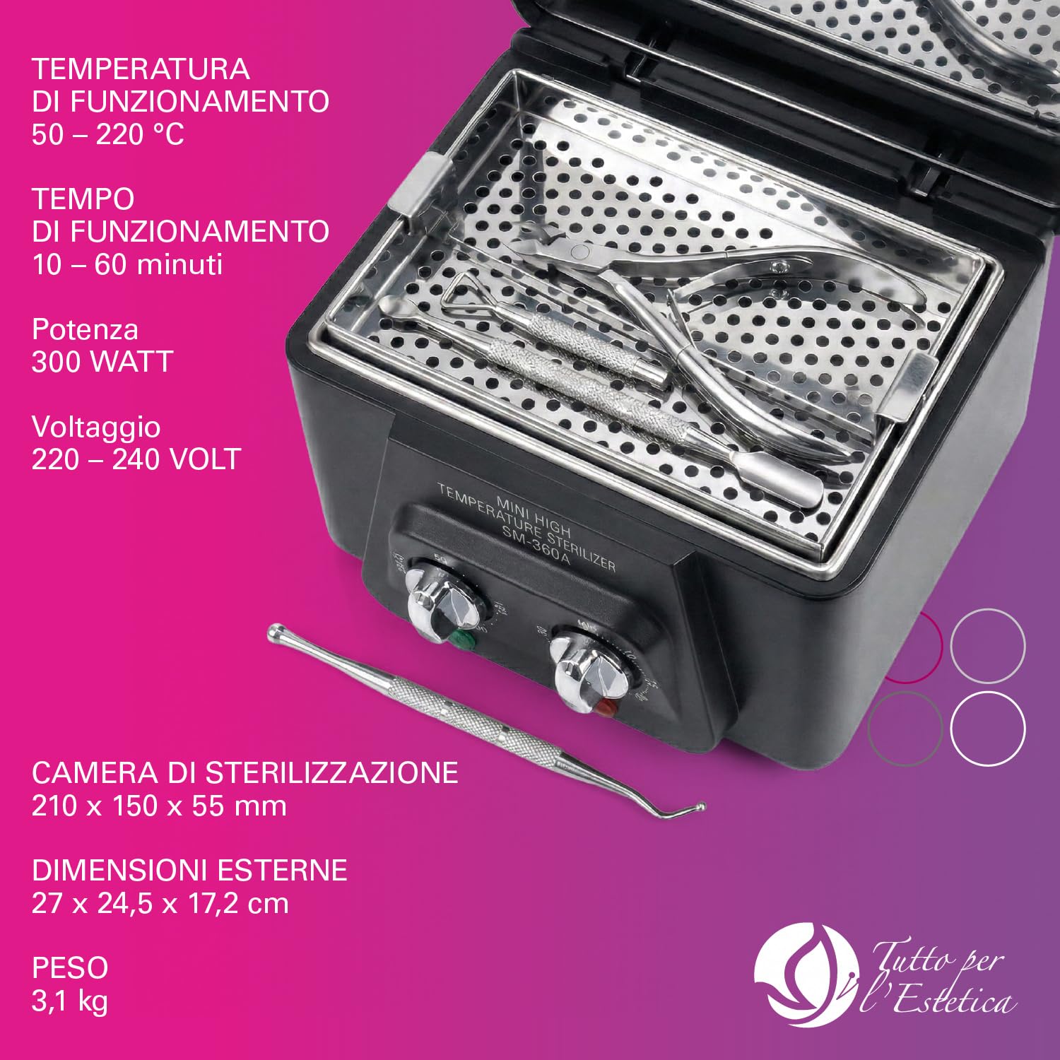 Sterilizzatore a Secco 220°C Professionale per Manicure e Pedicure - Forno Sterilizzatore con 2 Manopole Analogiche, Timer 0-60 min, Camera Inox 210x150x55 mm, 300W, Facile da Usare