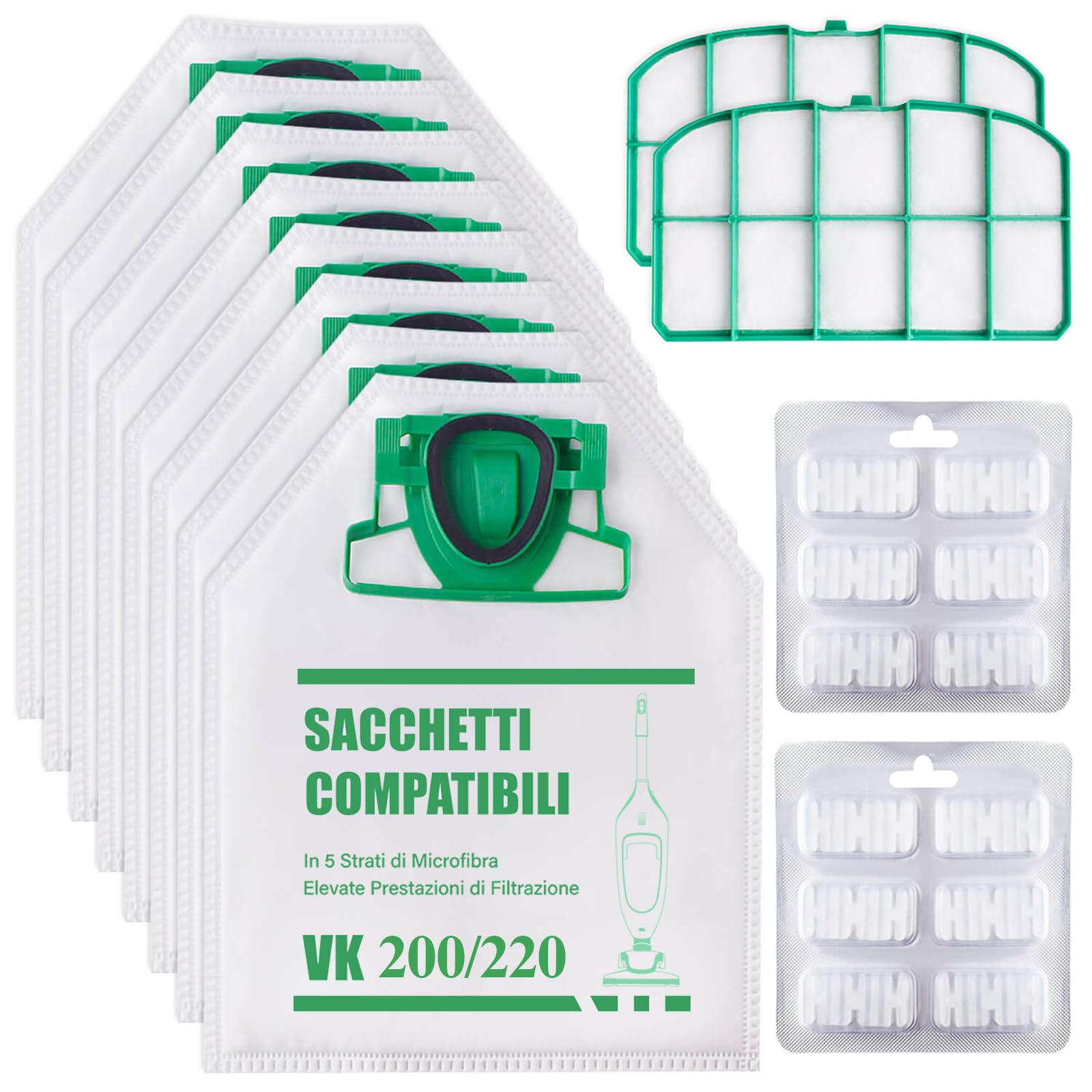10 bolsas para aspiradora Folletto VK200 VK220 VK220S FP200 FP220 con 2 filtros de motor