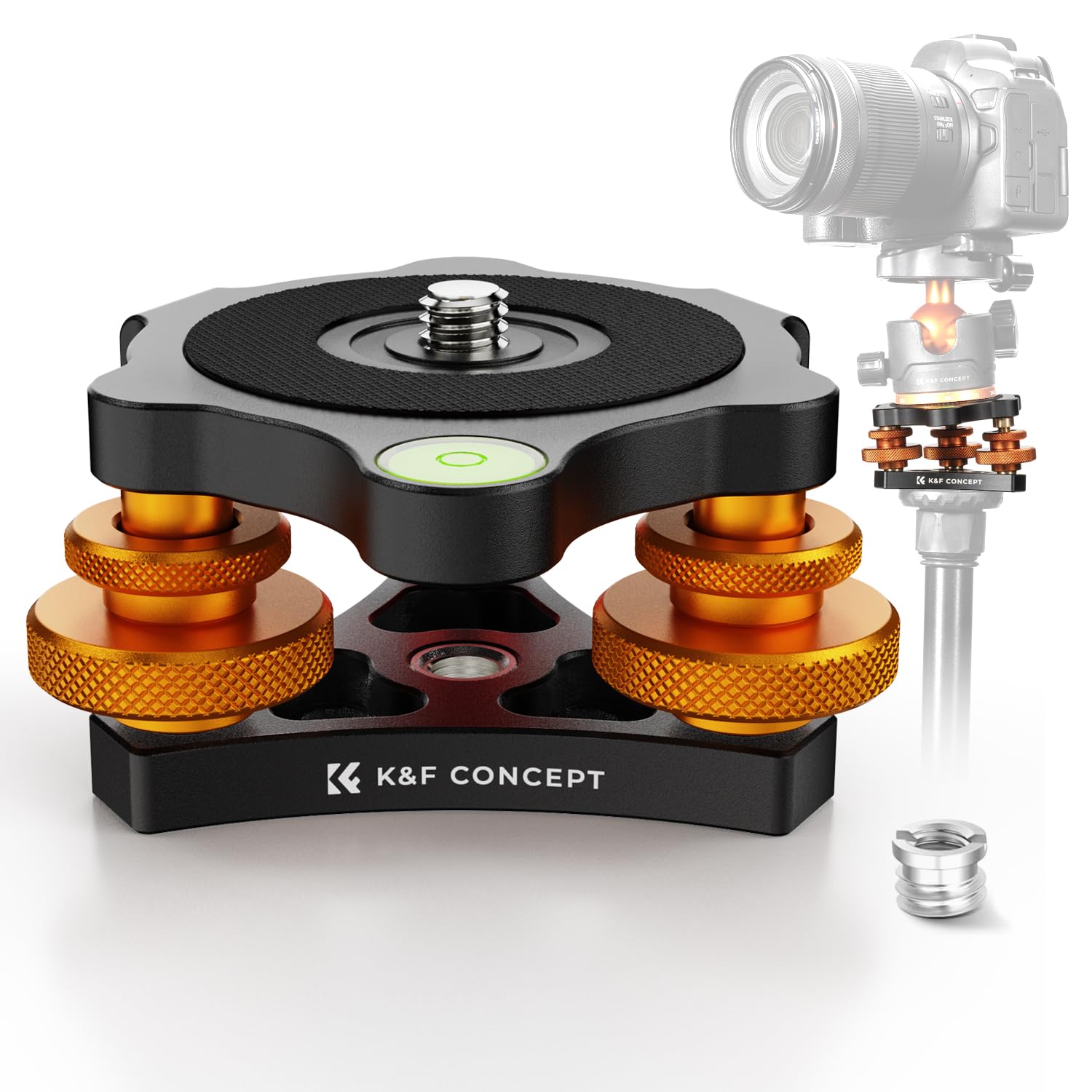 K&F CONCEPT Stativkopf Nivellierbasis, Aluminium Nivelliersockel, Nivellierbasis mit 3/8" Schraube,-5° präzise Winkeleinstellung,Dreirad Nivellier für Makro Panoramafotografie,mit 1/4 auf 3/8 Adapter