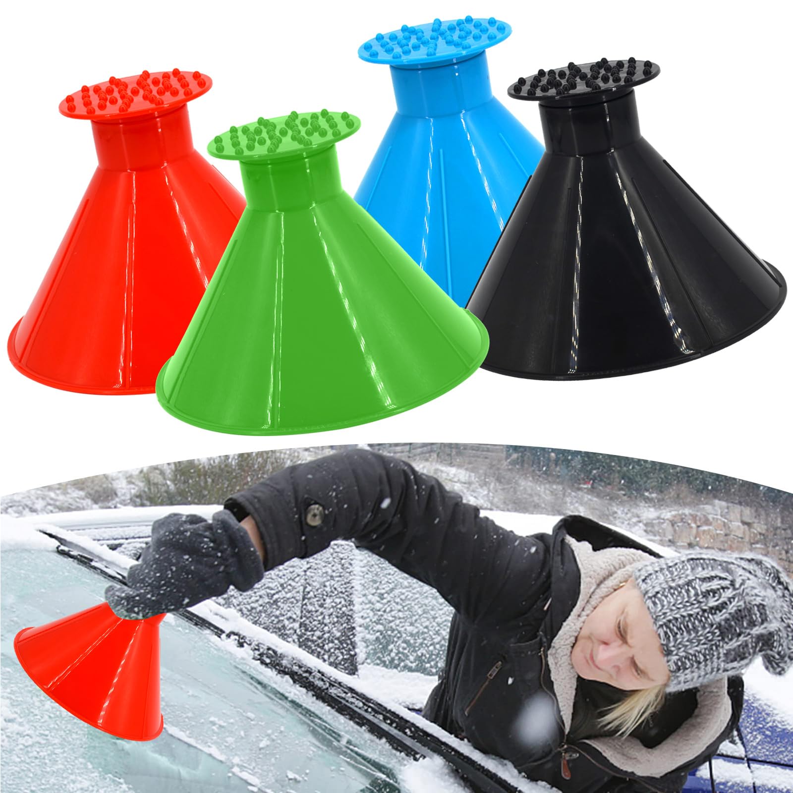 axbeeax 4Pcs Magical Car Ice Scraper, Cone Snow Brush for Car, Round Ice Scrapers for Car Windshield, 2 in 1 Snow Removal Shovel Tools