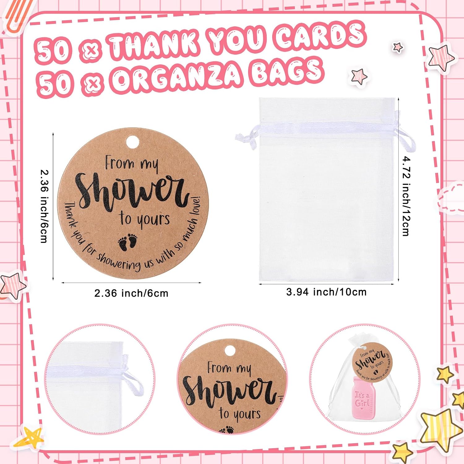 50 Sets Baby Shower Soap Favors for Guests Boy Girl Handmade Mini Scented Soaps with Thank You Tags and Organza Bags for Shower Gender Reveal Party Favors(It's A Girl)