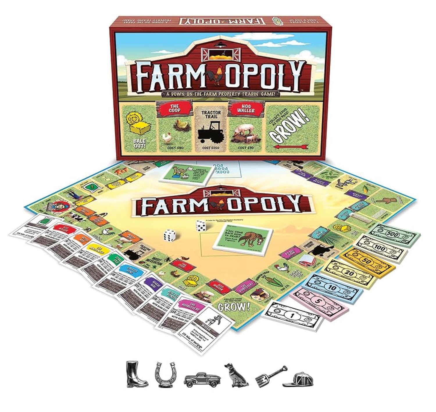 Juego de mesa Farm-Opoly – ¡Un juego de comercio de propiedades Down-on-The-Farm! – para 2 a 6 jugadores a partir de 8 años