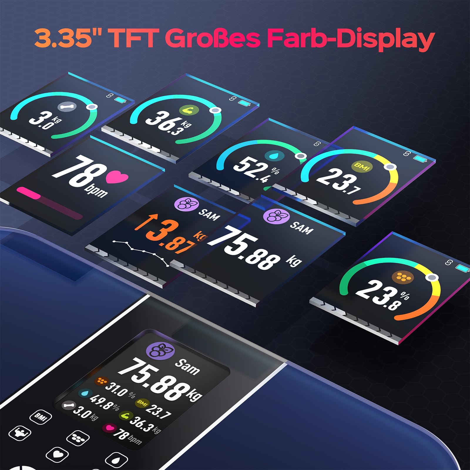 Lepulse Körperfettwaage, digitale Personenwaage mit 3.35'' TFT Display