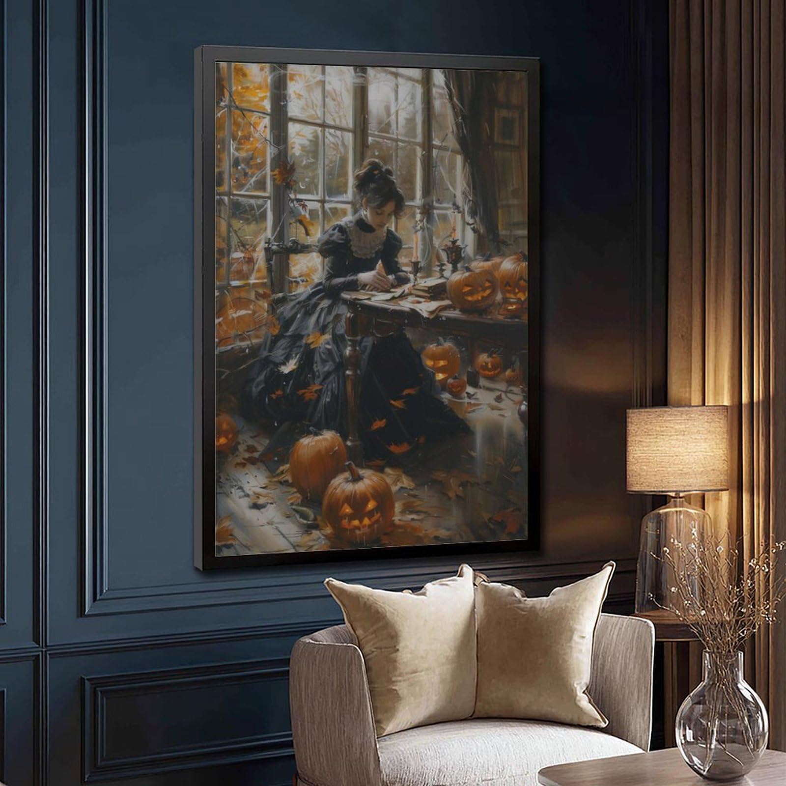 Poster sur toile représentant une femme avec une lanterne citrouille - Décoration pour chambre à coucher, bureau, chambre - Cadeau - 40,6 x 61 cm (L x l)