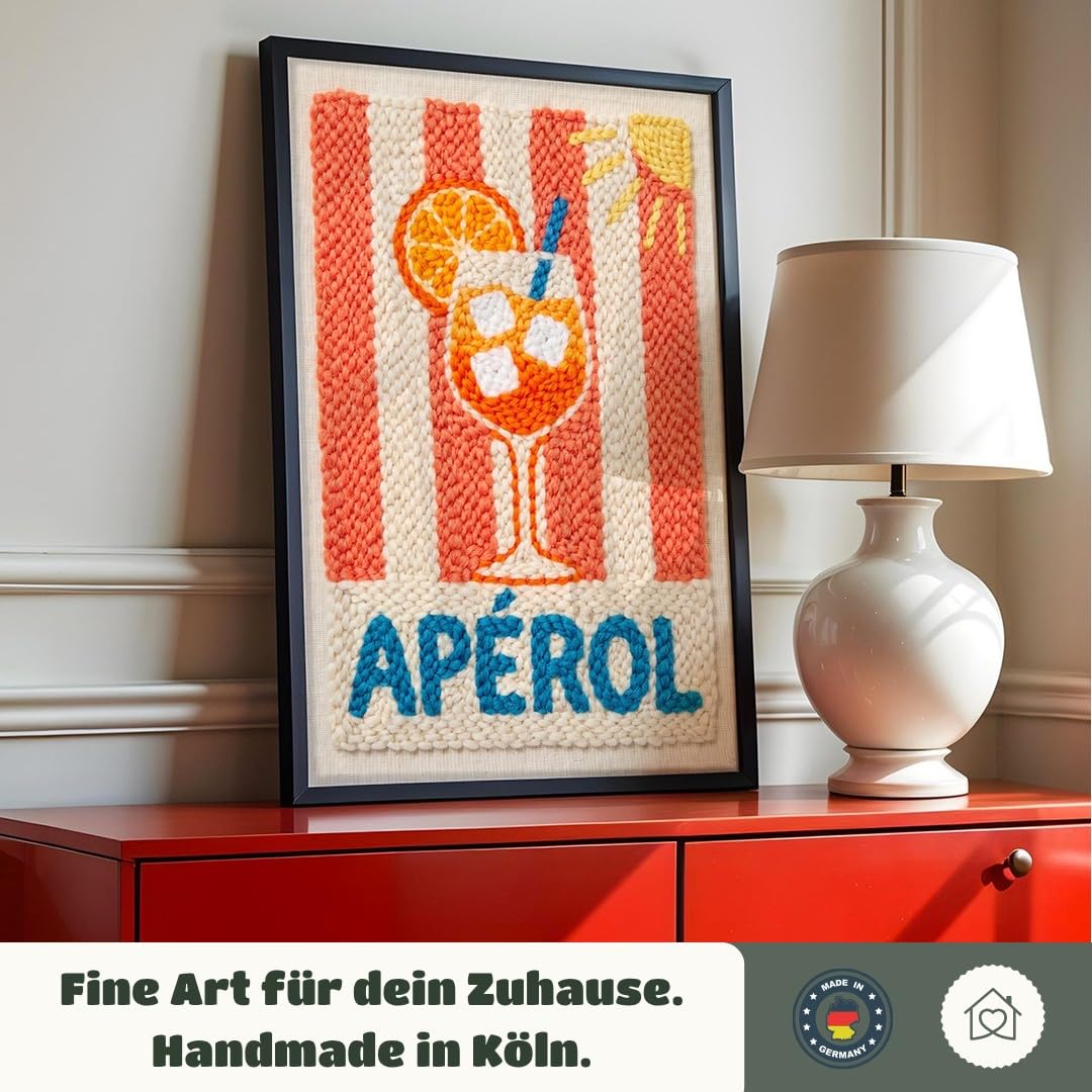 MJ-GRAPHICS® Poster Aperol Kunstdruck Stickerei Wandbild Rot Orange Deko Sommer Küche Wohnzimmer 50x70 mit braunem Rahmen