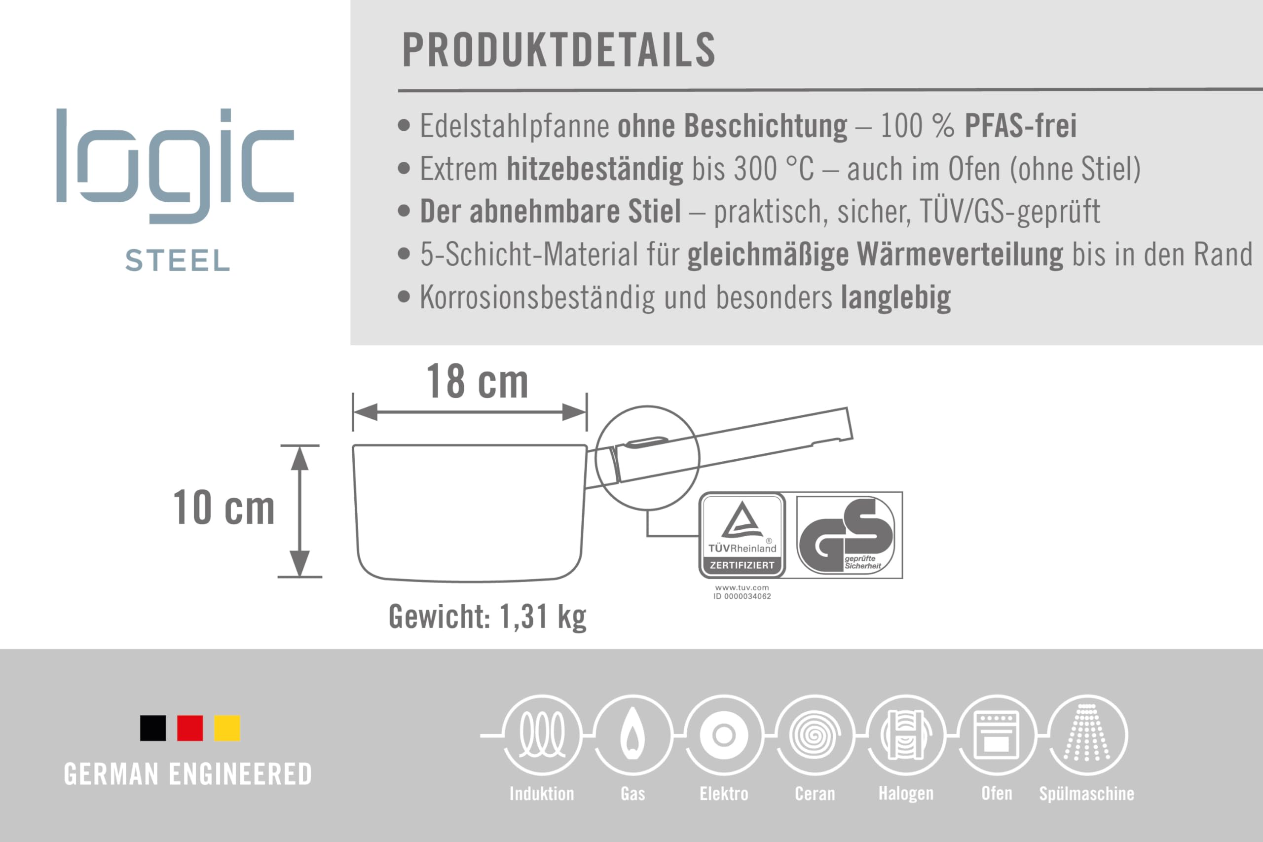 Woll Logic Steel Stieltopf - Induktiv - Ø 18 cm, 10 cm hoch, mit abnehmabarem Stiel - Geeignet für alle Herdarten, PFAS-frei