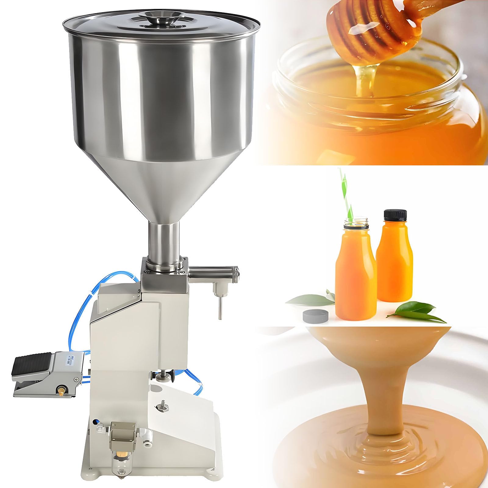 SHENGSHIYU Pneumatic Liquid Filling Machine,10L Hopper,Foot Pedal Control,10-100ml Adjustable Filling Volume,20-40 Cycles per Minute,Stainless Steel Filling Machine