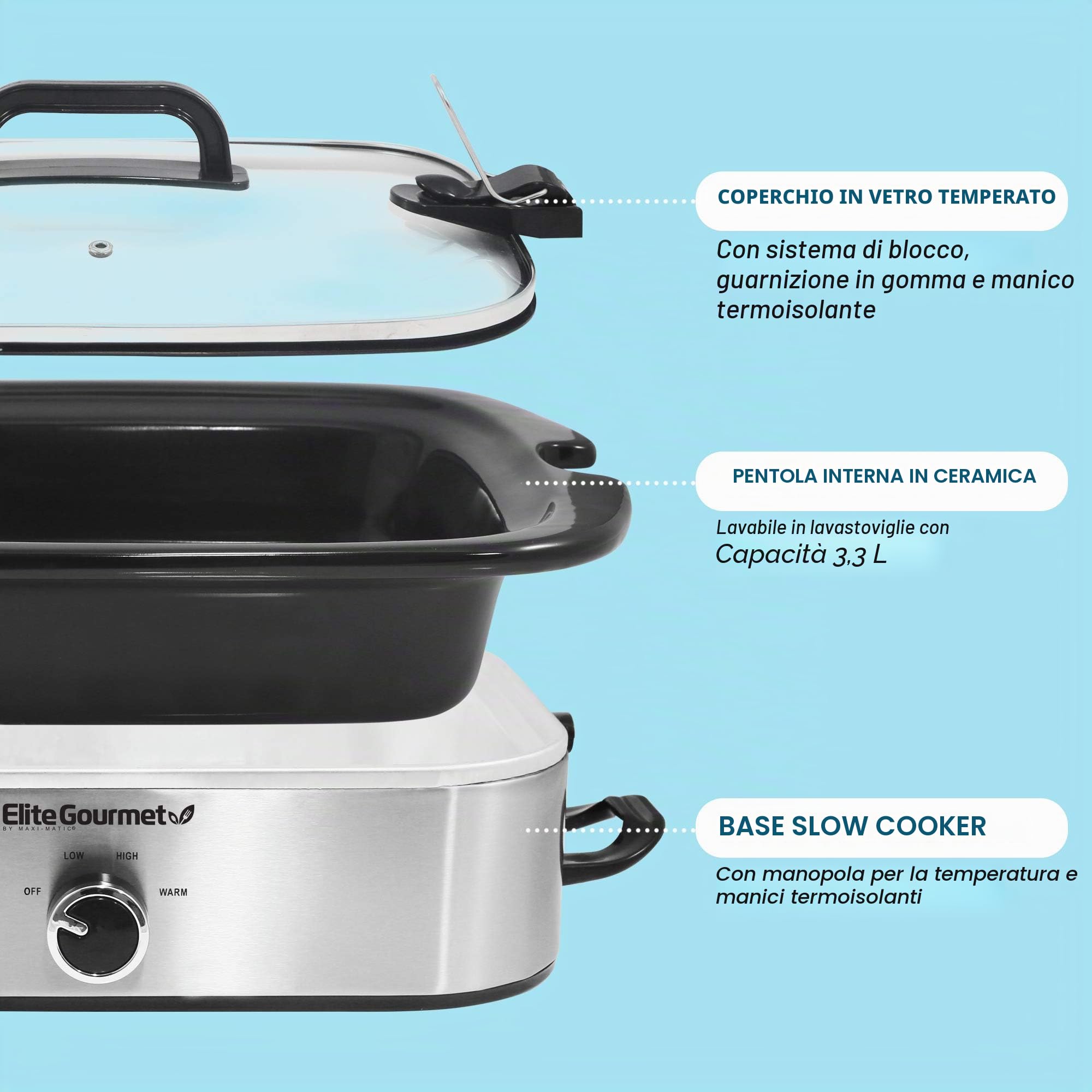 Elite Gourmet, Casseruola per cottura lenta MST-5240SS, coperchio con blocco, temperatura regolabile, mantenimento in caldo, adatta a forno e lavastoviglie, capacità 3,3 l, acciaio inox