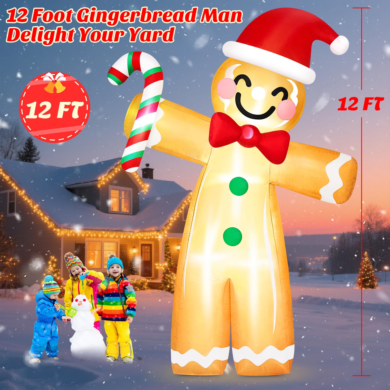 Danxilu 12FT Giant Christmas Inflatable Gingerbread Man Outdoor Decorations with Candy Cane - Image 2