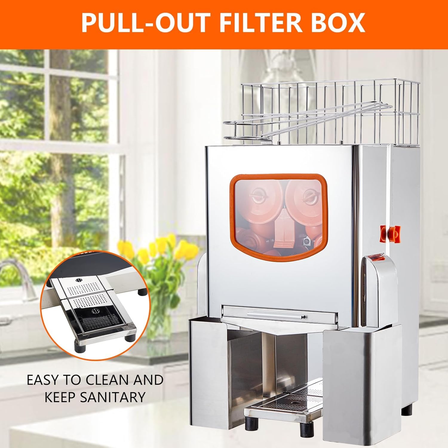 Commercial Juicer Machine, 110V Juice Extractor, 120W Orange Squeezer for 22-30 per Minute, Electric Orange Juice Machine with Pull-Out Filter Box SUS 304 Tank Stainless Cover and 2 Collecting Bucket