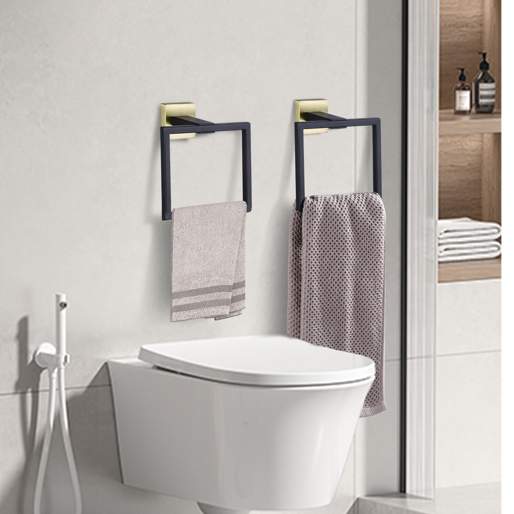 LANC Soporte para toallas de mano para baño, montaje en pared, color negro mate y dorado cepillado, cuadrado, para baño, lavabo SUS304, acero inoxidable, estilo moderno, toallero, perchero, A8896GK