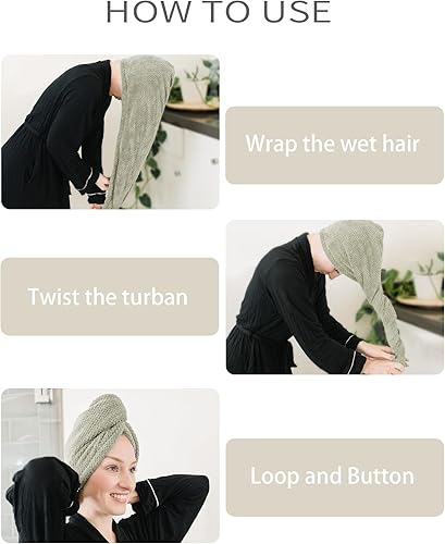 Miniatura 6 de ROLSHOL Paquete de 4 toallas de microfibra extra grandes para mujer, súper absorbentes y de secado rápido, con botón, turbantes de pelo para cabello