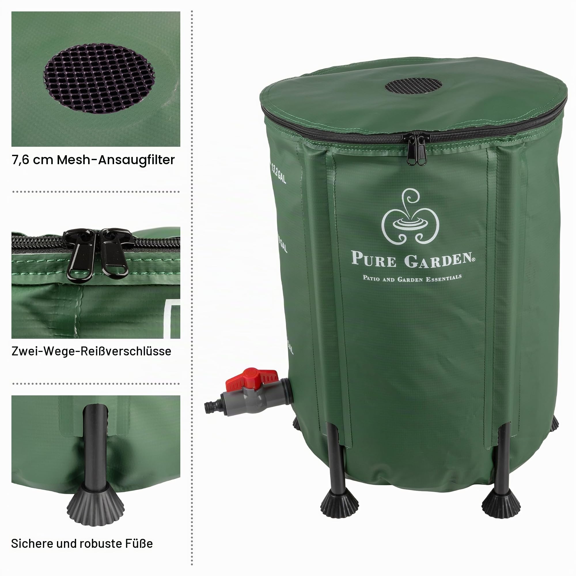 Pure Garden Regentonne - 50 Liter Faltbarer Wasserbehälter zum Auffangen von Regenwasser - Tragbarer Wassertank mit Auslaufventil (Grün)