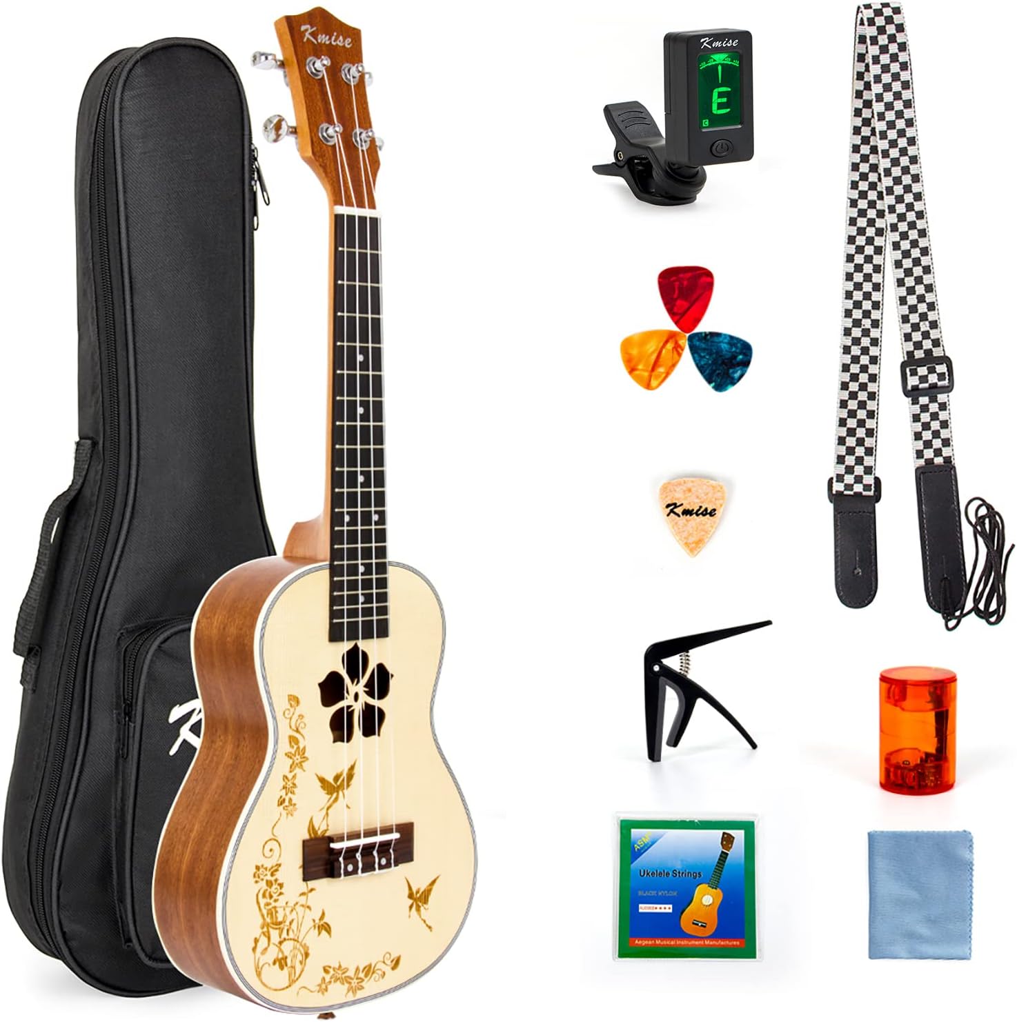 Kmise Concert Ukulele Starter Kit for Beginner Kid Spruce Top Mahogany Ukelele Ukele Uke Hawaii Guitar with Flower Soundhole