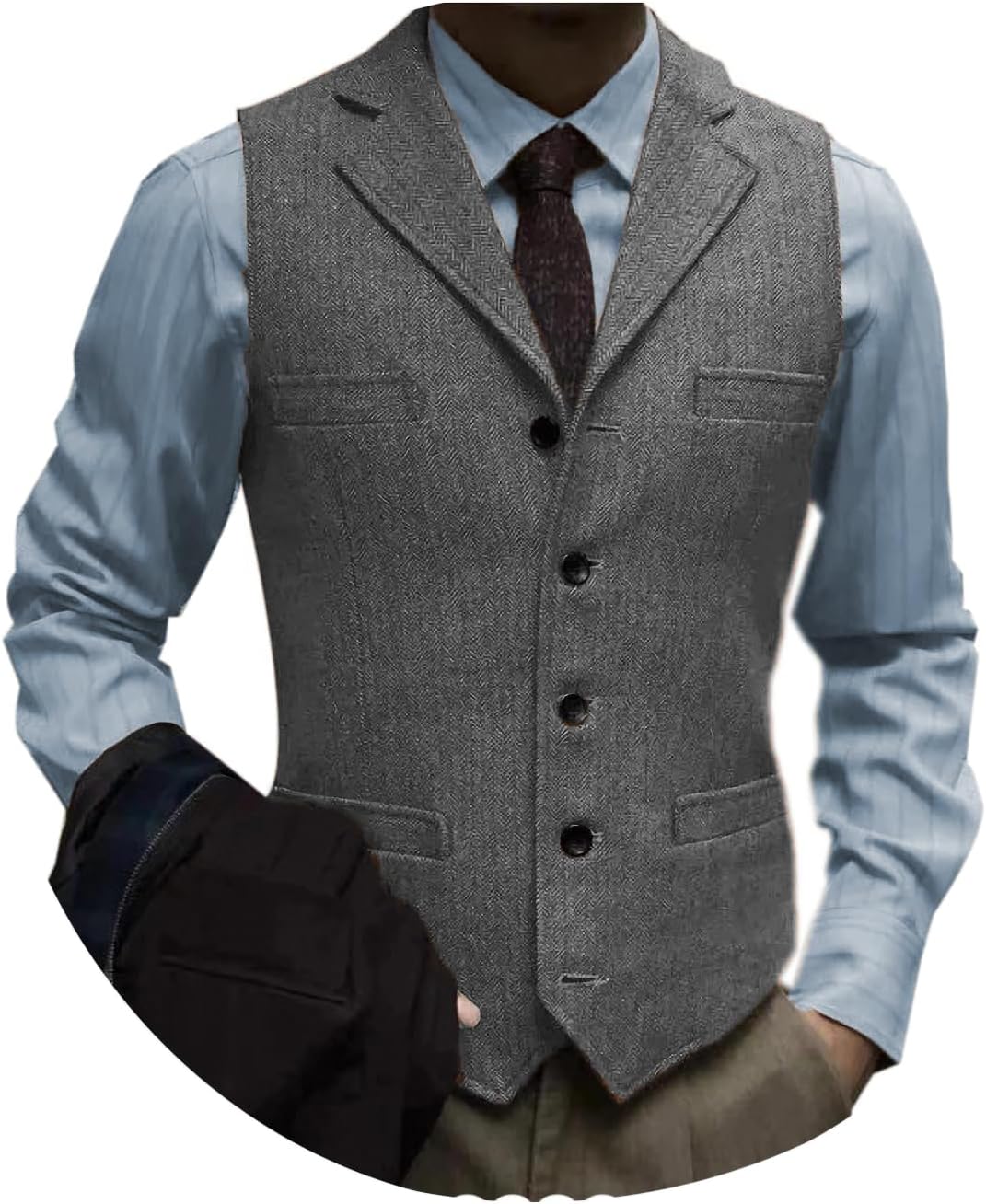 Tuikayoo Men's Tweed Suit Vintage Vest Herringbone Wool Prom Waistcoat Groomsmen
