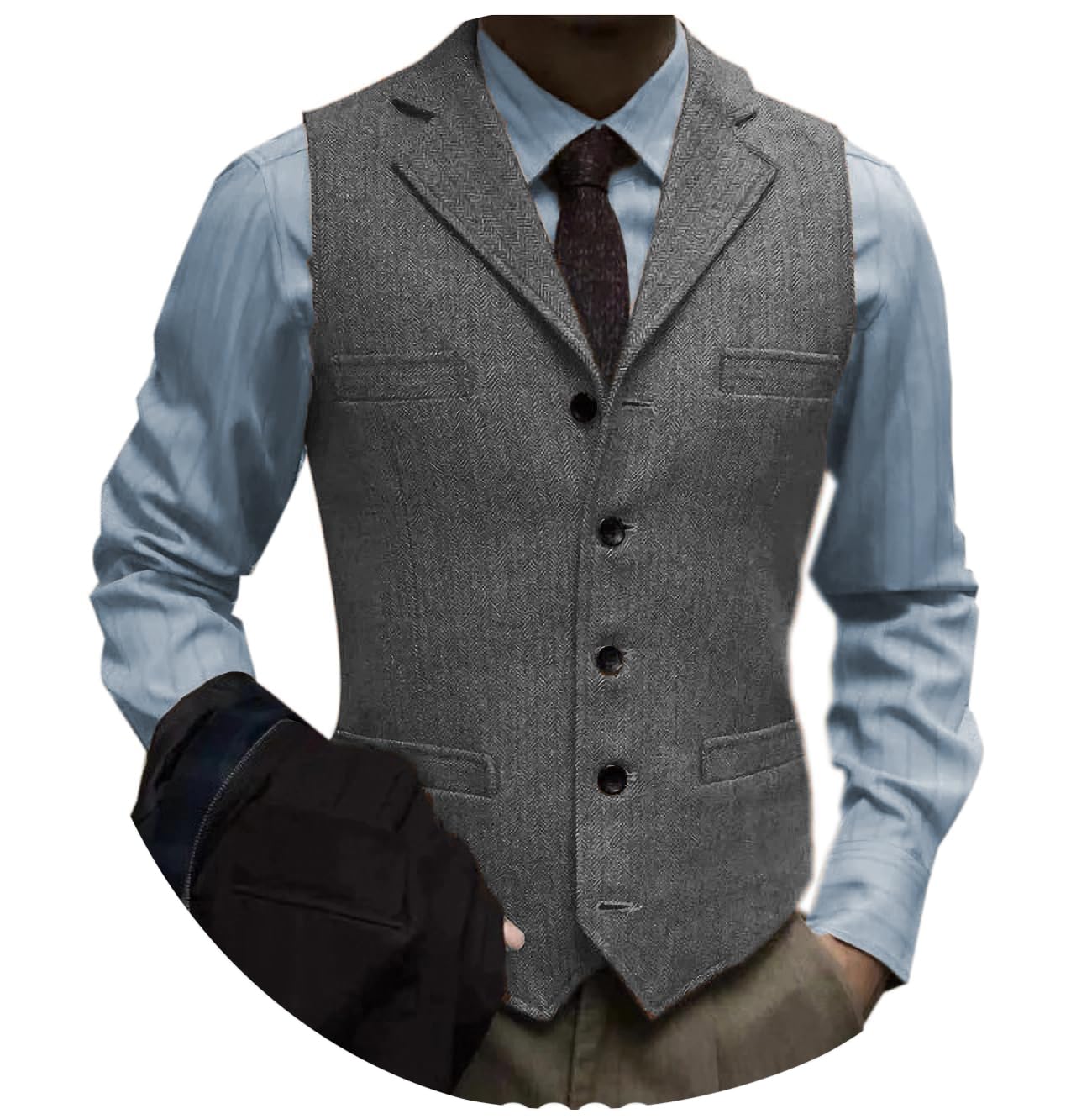 Tuikayoo Men's Tweed Suit Vintage Vest Herringbone Wool Prom Waistcoat Groomsmen, Grey, XL