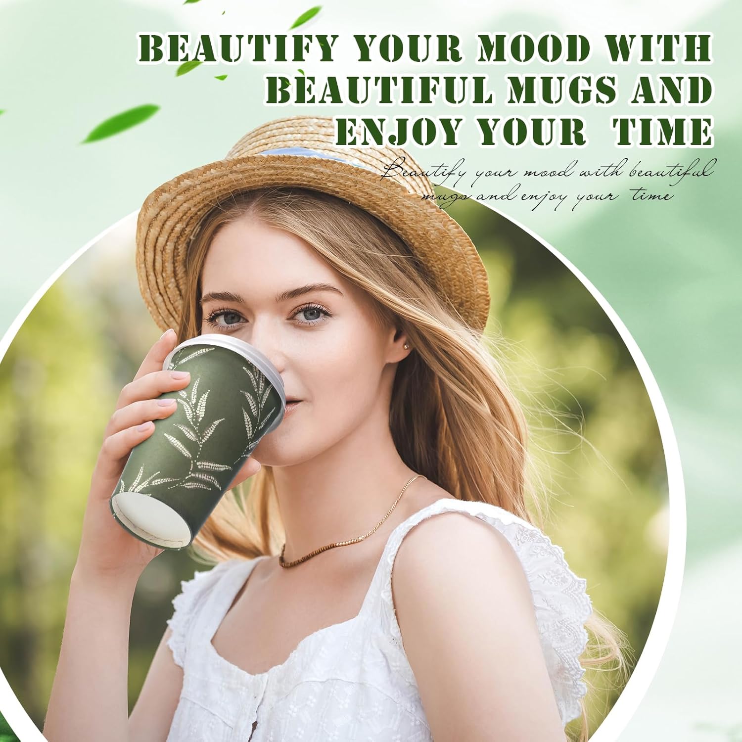 100 Pcs Greenery Disposable Coffee Cups with Lids 12oz Sage Green Themed Leaves Pattern Paper Cups Travel Coffee Mugs for Spring Summer Party Outdoor Picnic Wedding Restaurant Supplies - Image 5