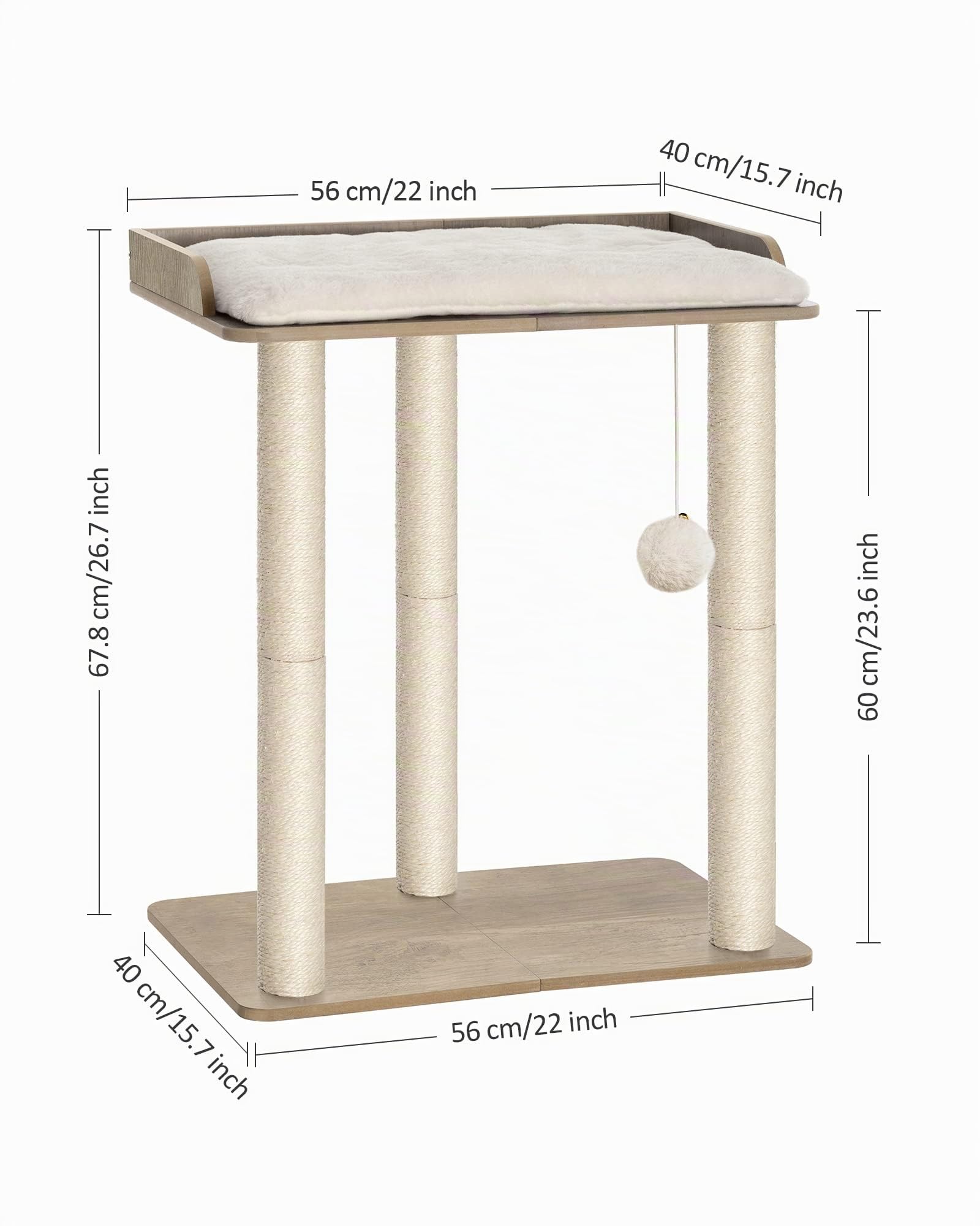 FourFurPets Árbol para Gatos, Altura 68 cm, Torre de Gatos, con 3 Postes de Sisal de 60cm, 56x40 cm Gran Plataformas, Pompones, Greige