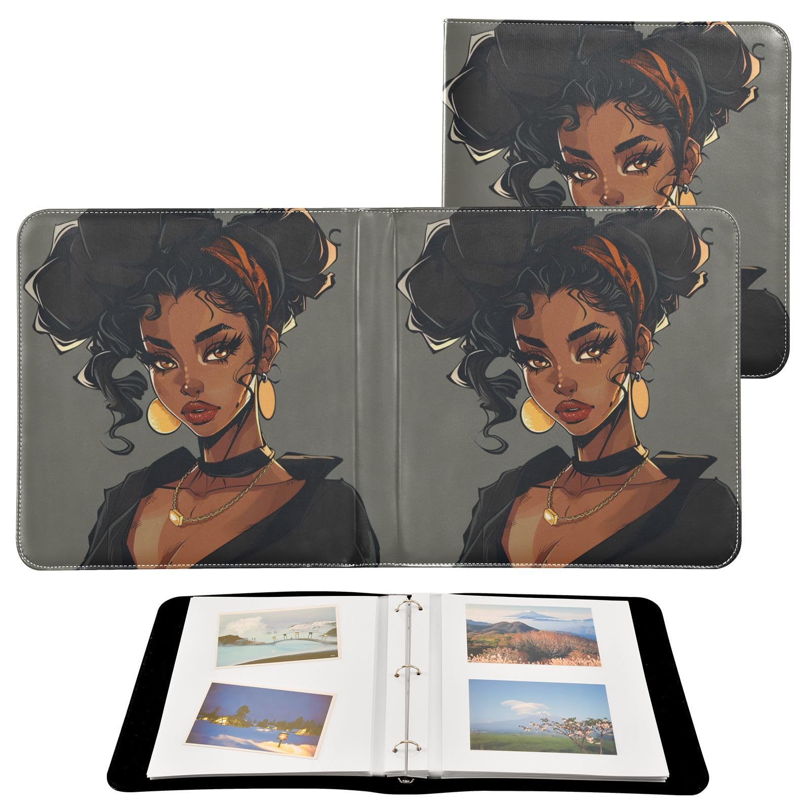 JIPONI Black Woman Large Photo Album, DIY Leather Cover Scrapbook Albums for 4x6 5x7 6x8 Pictures, Self Adhesive Memory Book for Wedding, Baby, Family