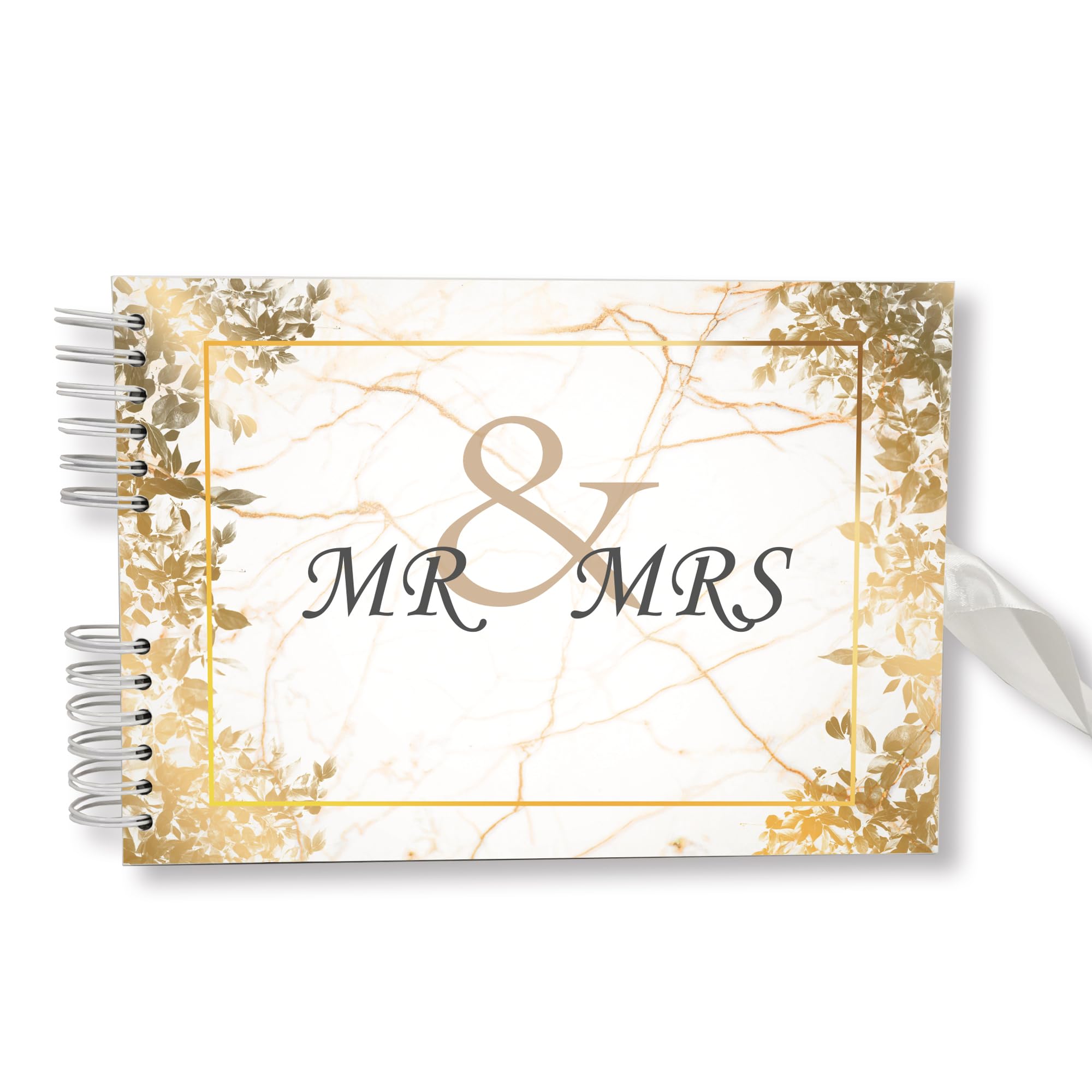 Large 12"x 8" A4 Size Guest Book DIY Photo Album Scrapbook - 80 Thick Blank Pages – Perfect for Weddings, Birthdays, Anniversaries (White Marble Gold Leaf 'Mr & Mrs')