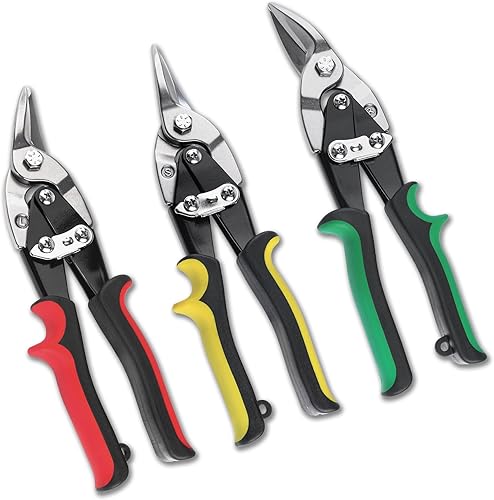 HAUTMEC Tijeras de hojalata de aviación de 3 piezas para cortar chapa metálica, tijeras de inglete de acero CR-V para cortes rectos, izquierdo y