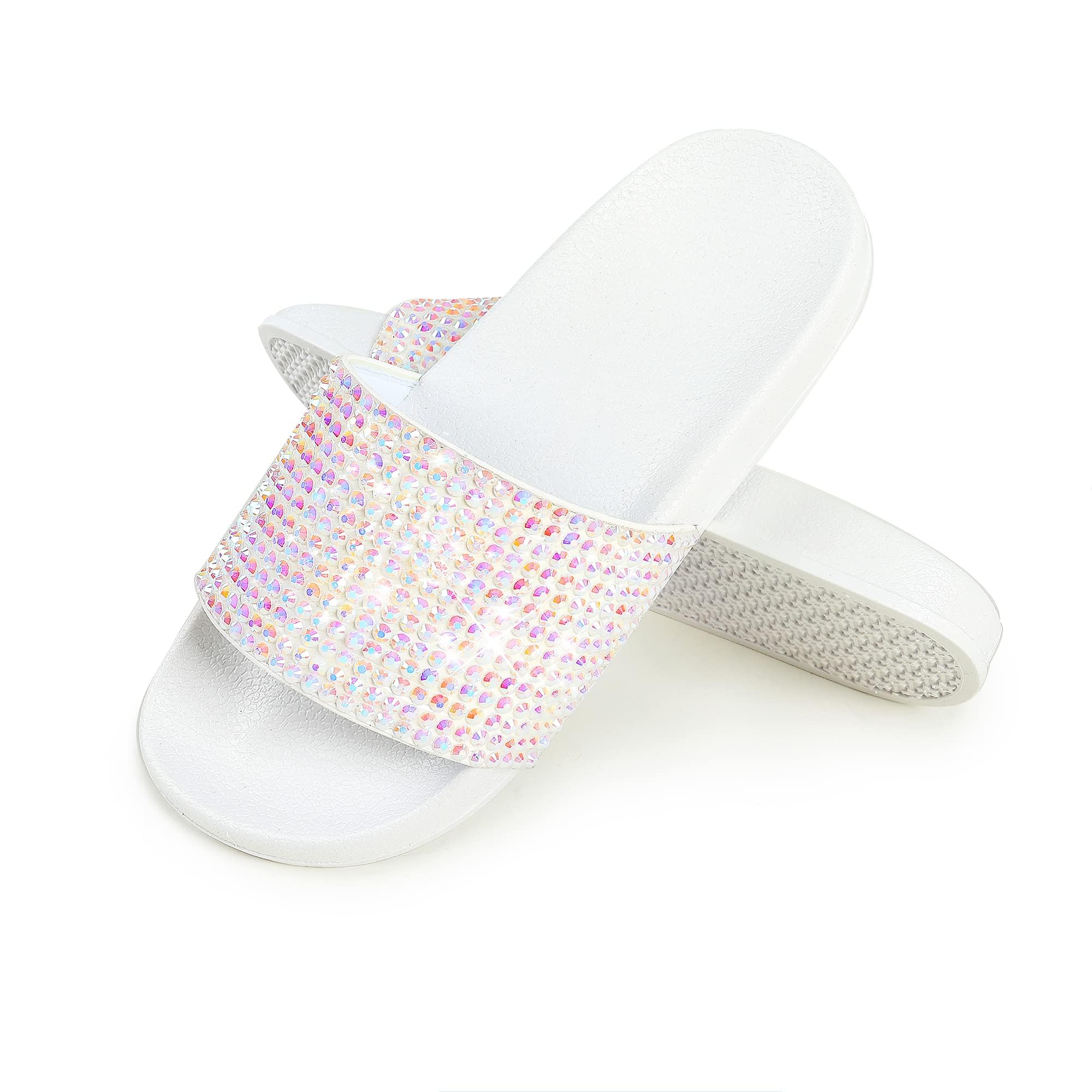 Fur Story Womens Slides House Slippers Rhinestone Glitter Slides Cute bling Flat for Women Platform Sandals Cozy Bedroom Slippers Shower Shoes