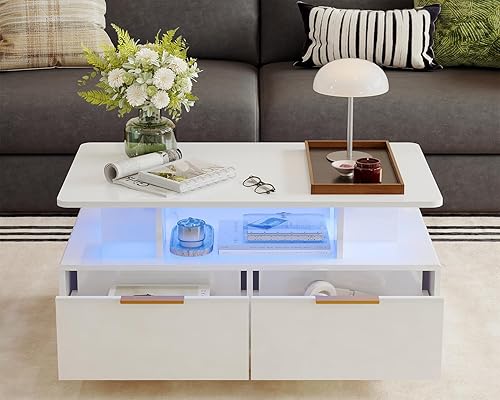 Miniatura 3 de GarveeHome Mesa de centro LED de alto brillo, mesa de café moderna de madera de alto brillo de 35 pulgadas con almacenamiento, mesas centrales de 2