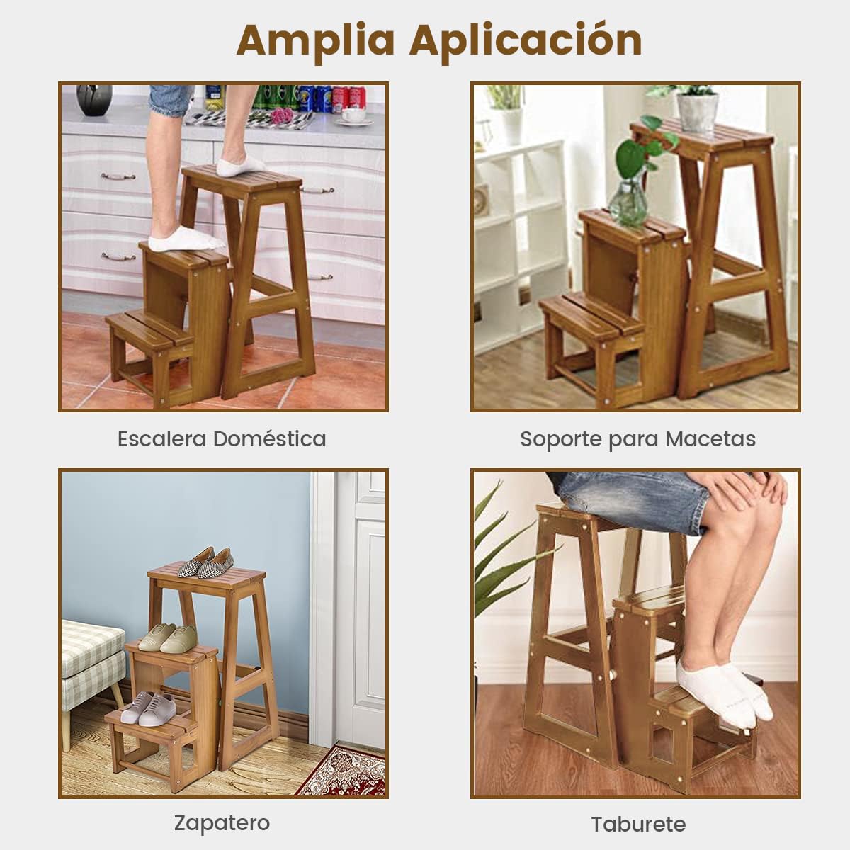 RELAX4LIFE 2 en 1 Taburete Plegable de 3 Peldaños de Madera de Pino, Taburete Escalera Multifuncional con 6 Almohadillas Antideslizantes para Cocina, Dormitorio y Tienda, 38,5x57x66cm (Marrón Claro)