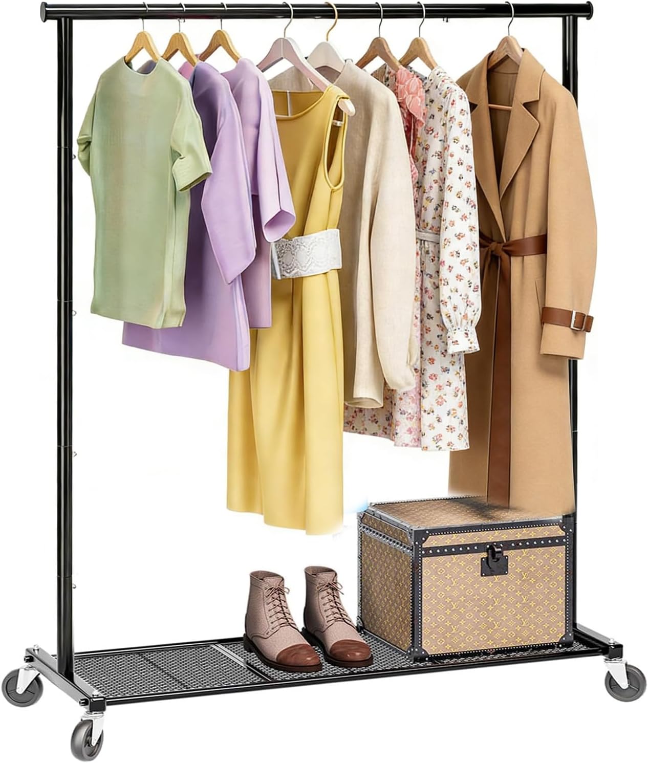Ekisemio Clothes Rack for Hanging Clothes, 64.25 Inch Clothing Racks with Wheels, Portable Rolling Clothes Garment Rack for Bedroom, Laundry, Living Room, Black