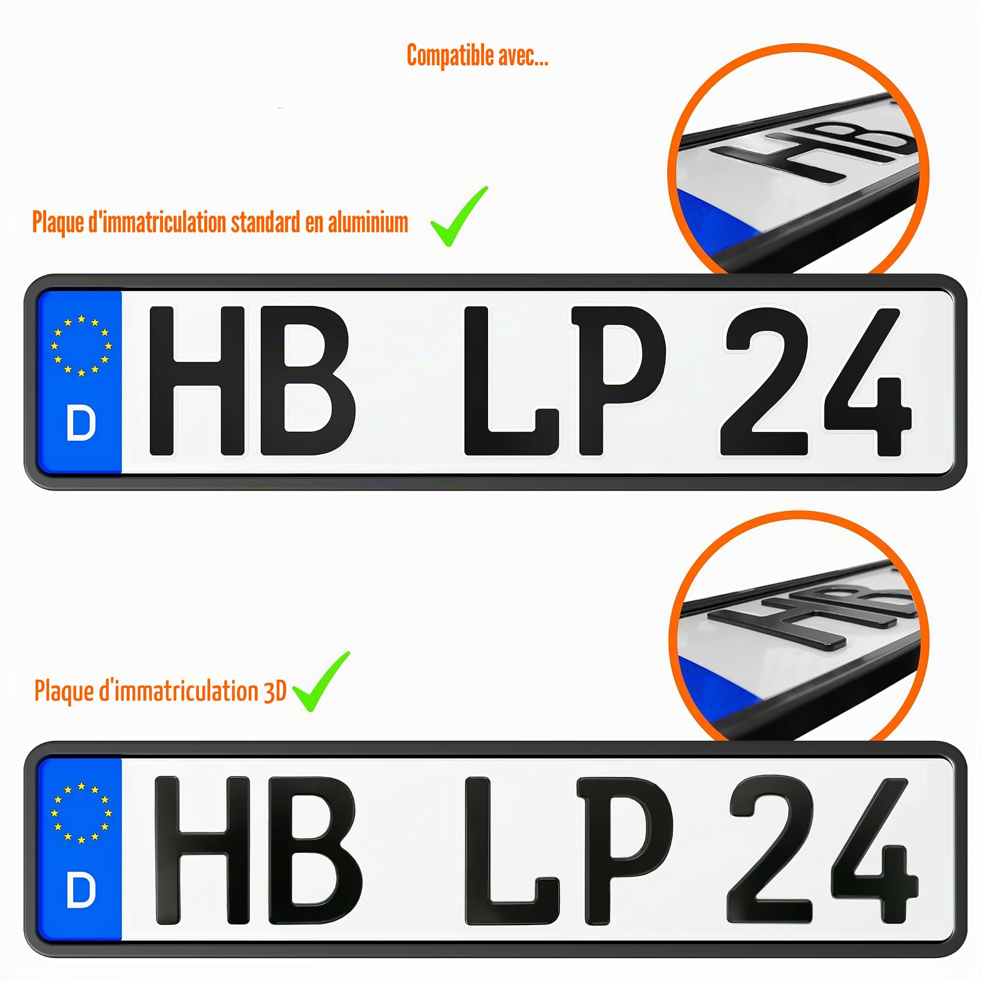 Lot de 2 supports de plaque d'immatriculation - Cadre constant - Support de plaque d'immatriculation de voiture - Noir
