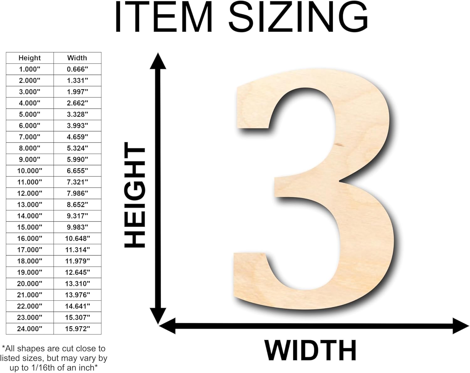 Unfinished Wood Cambria Number 3 Shape Craft up to 46" DIY 24" / 1/2"