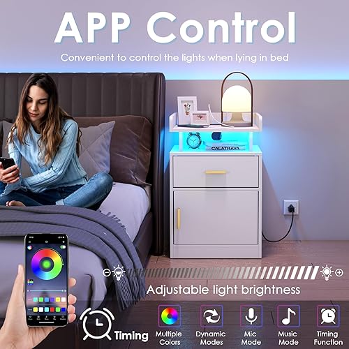 Miniatura 4 de Aufvolr Mesita de noche con estación de carga y luces LED, mesita de noche con cajón, mesita de noche con almacenamiento de gabinete, mesita de