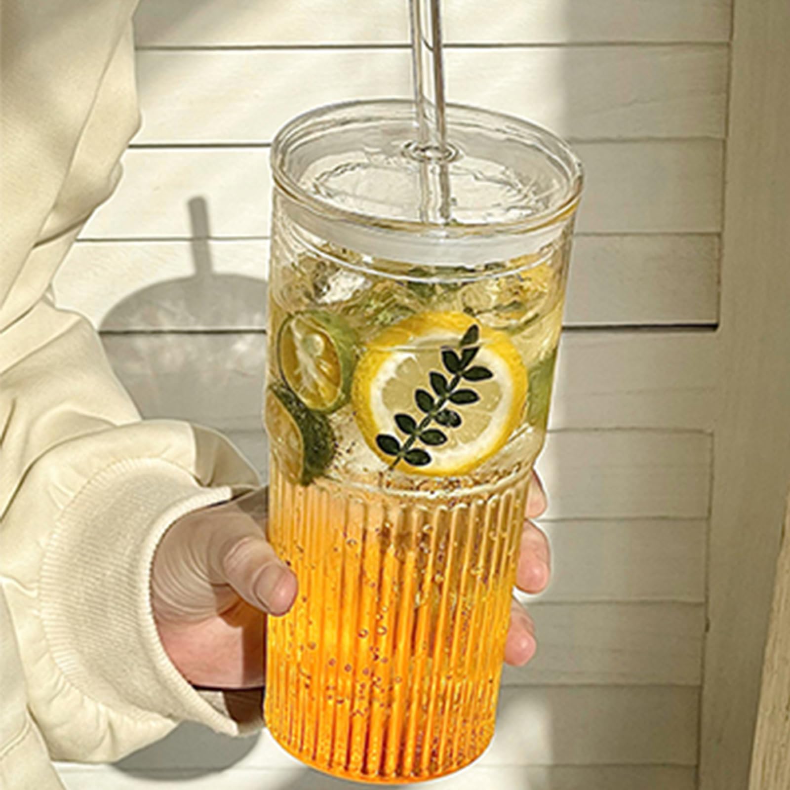 Glasbecher mit Deckel und Strohhalmen, 567 g, 4er-Set, Eiskaffeetassen für kalte Kaffee, Milch, hoher Borosilikatglasbecher zum Trinken von Saft