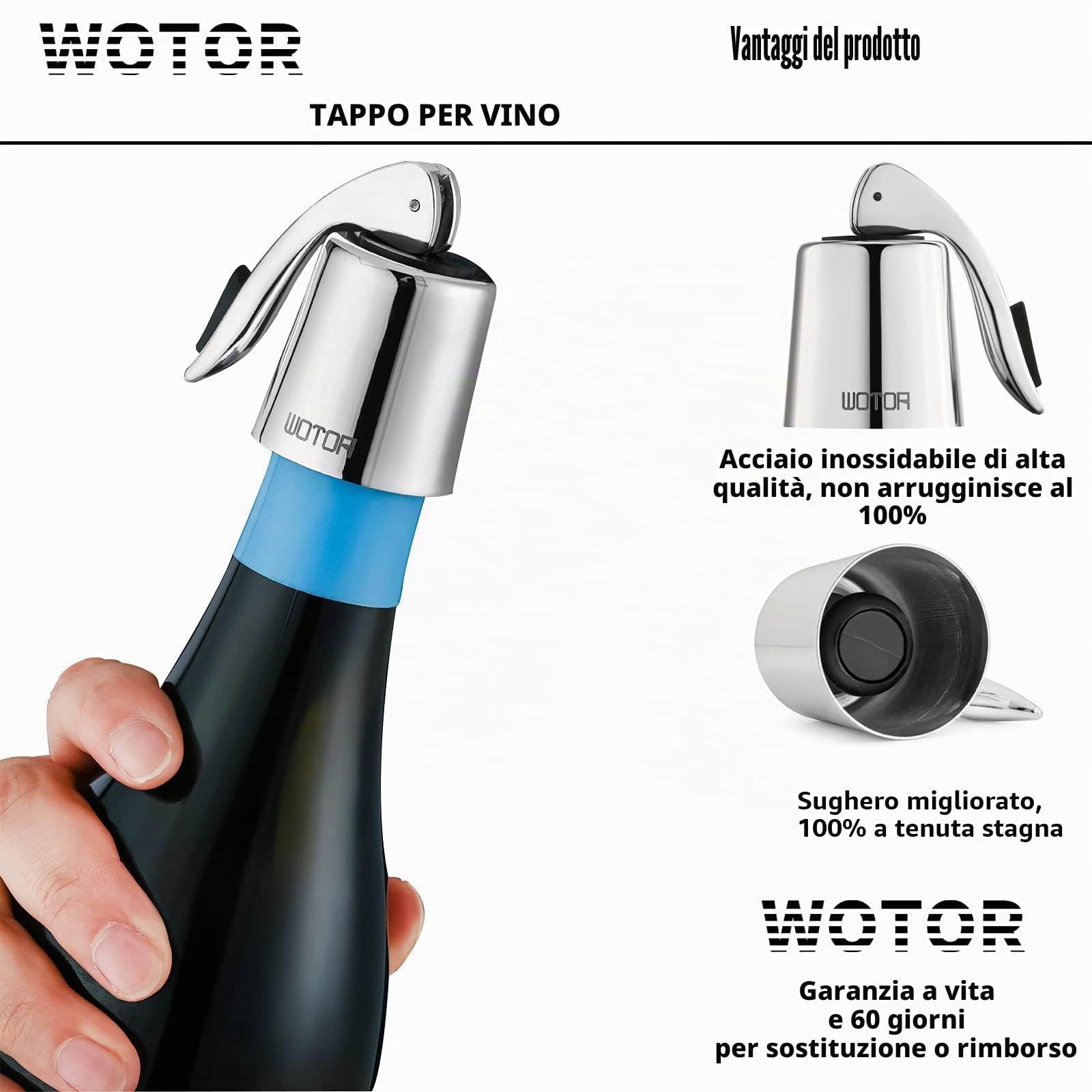 WOTOR Tappi bottiglie vino in acciaio inox, Tappo per vino con guarnizione in silicone, riutilizzabile accessori vino, a prova di perdite, per mantenere il vino fresco, confezione da 6 (argento)
