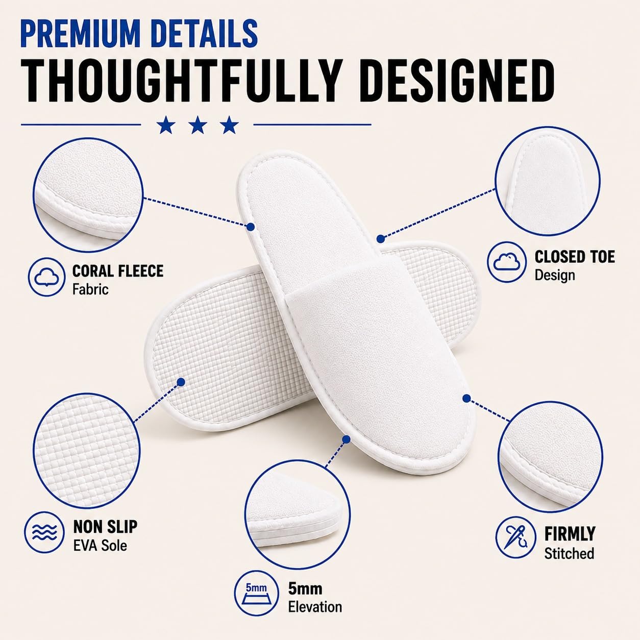 Spa Slippers Disposable Closed-Toe Non-Slip Coral Fleece, 6 Pairs