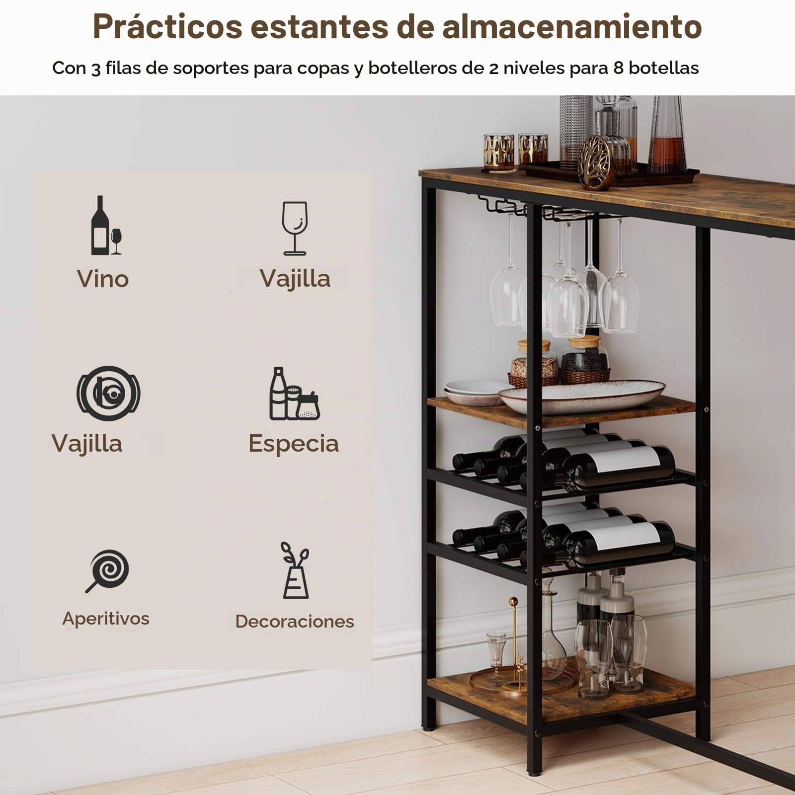 LIFEZEAL Mesa de Bar de 5 Niveles, Mesa Alta Cocina con Amplia Superficie， Mueble de Almacenamiento con Estantes Abiertos y 2 Portavasos Debajo de la Bandeja, Estructura de Metal Sólida
