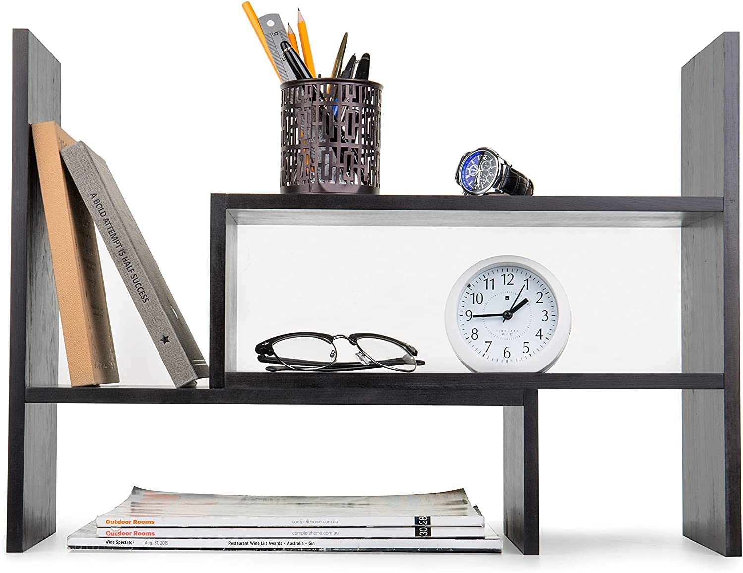 OFIXO Adjustable Wood Desktop Storage Organizer Display Shelf Rack | Counter Top Bookcase Book Shelf | Spice Rack | Home Décor Display & Storage Rack Cabinet Unit (Black) | DIY (Easy to Assemble)