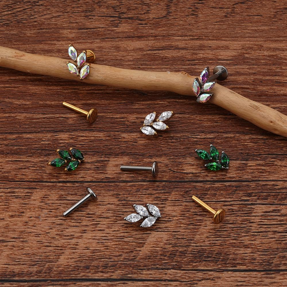 FINE4U 1PC Leaf Flat Back Stud Flat, Helix, Conch, Tragus 6mm 8mm - ASTM F136 Titanium Screw on Body Piercing Jewelry - Image 6