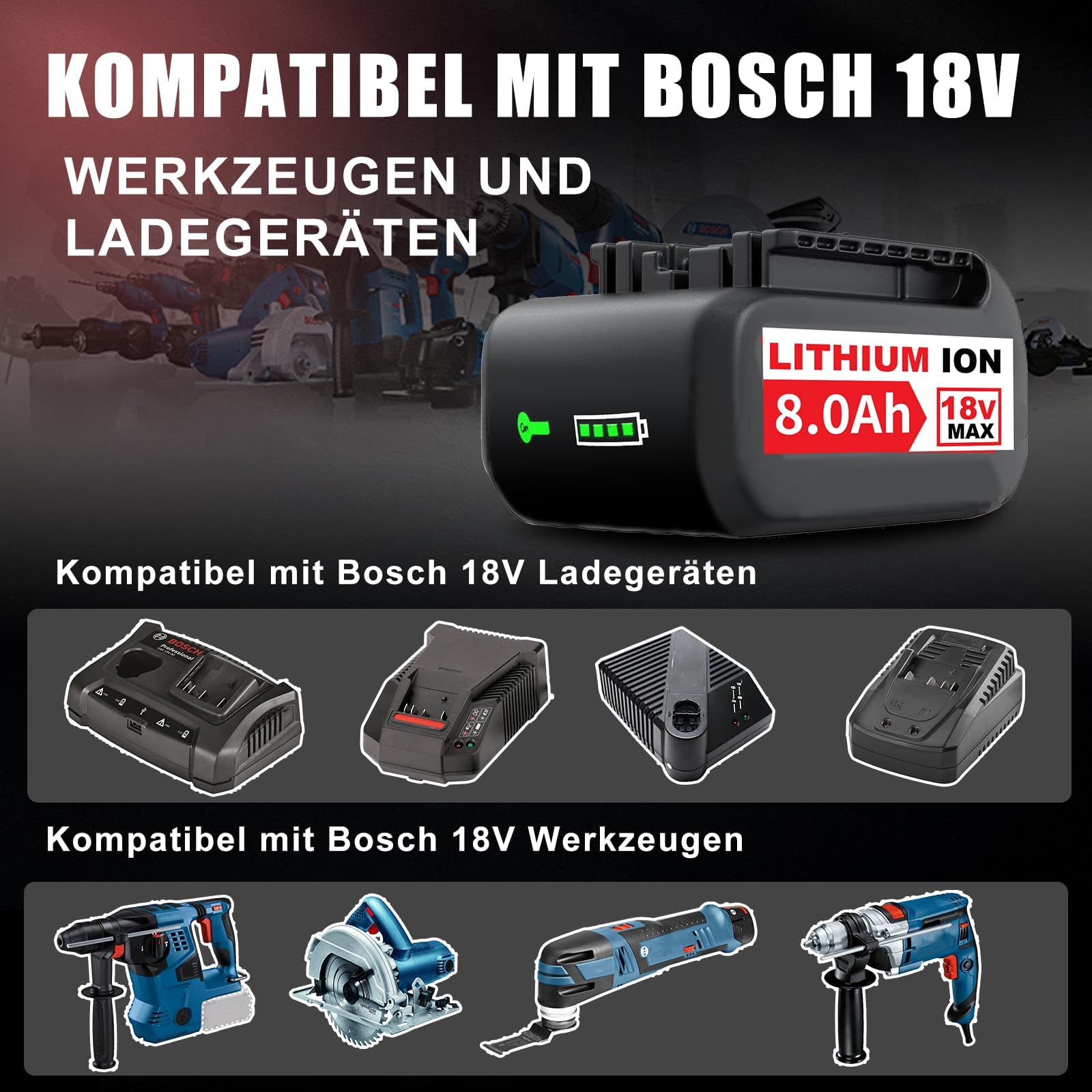 4 Stück 8.0Ah/8000mAh Ersatzakku für Bosch Akku 18V Li-Ionen-Akkus für Bosch 18V Akku BAT609 BAT622 BAT609G BAT618G BAT619 BAT618（Nicht kompatibel mit Home & Garden Geräten sowie PBA-Ladegeräten）