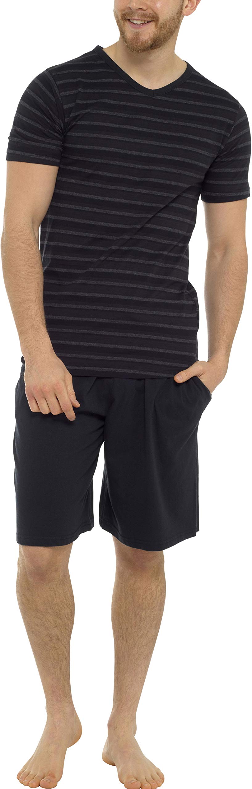 Tom Franks Men's Black & Grey Marl Striped Cotton Jersey T Shirt & Short Pyjamas Large