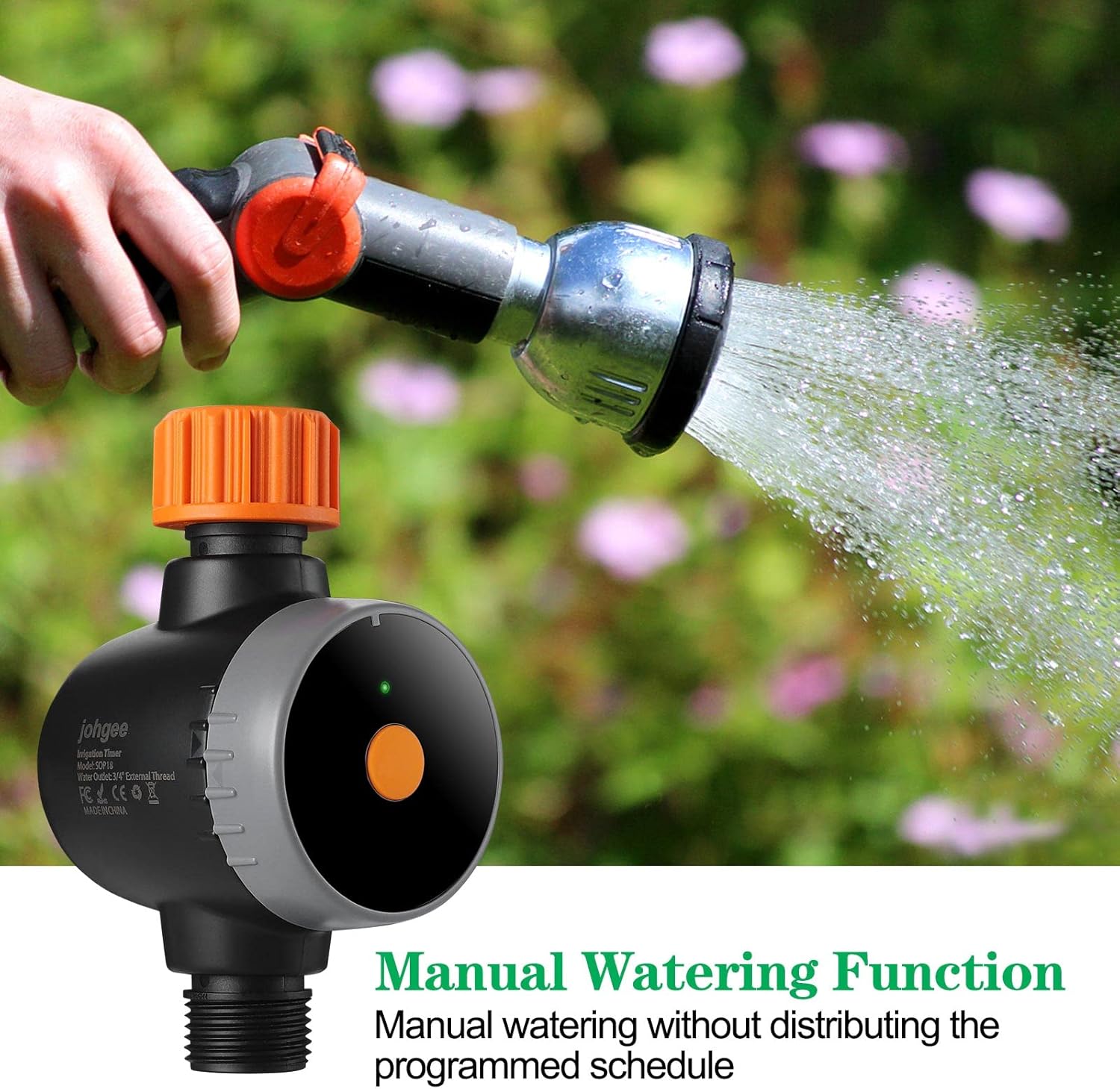 Hand holding a hose nozzle, with the water timer attached to a faucet in the background, demonstrating manual watering.