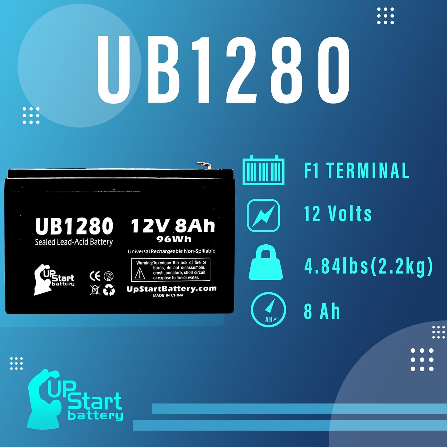 4 Pack - UB1280 Universal Sealed Lead Acid Battery Replacement (12V, 8Ah, 8000mAh, F1 Terminal, AGM, SLA, Includes 8 F1 to F2 Terminal Adapters) - Also Replaces CYBERPOWER CP1500AVRLCD, CP1000AVRLCD