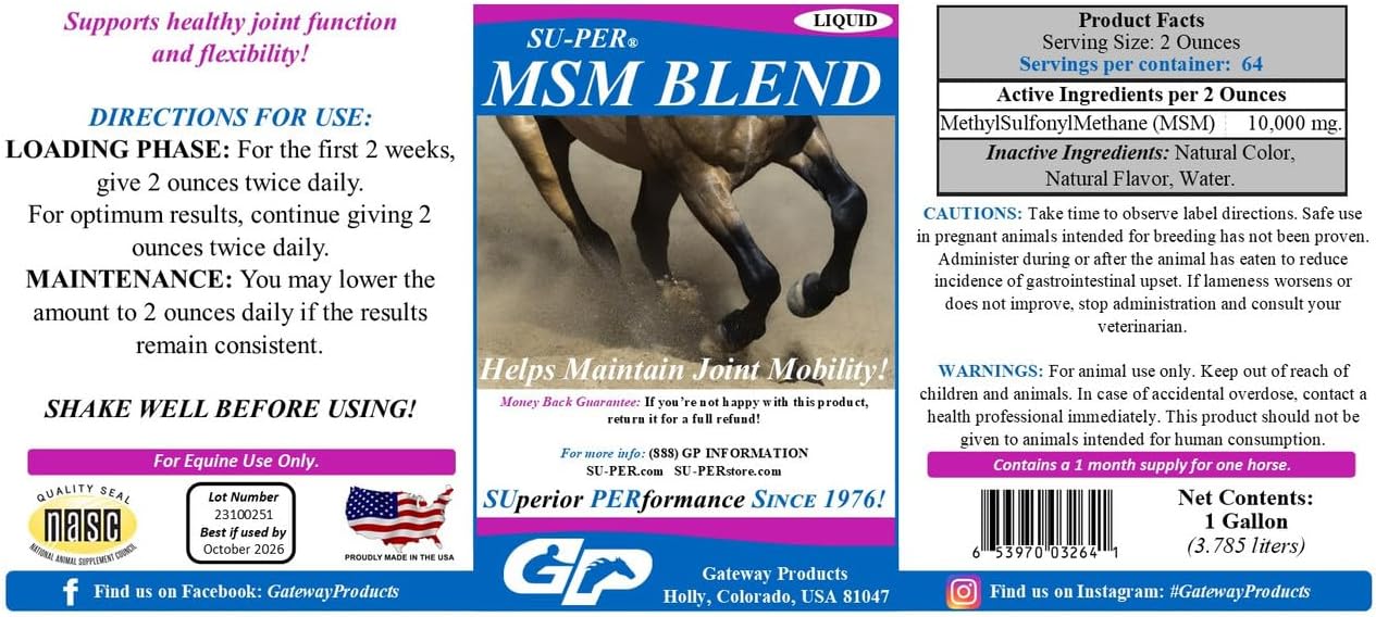SU-PER MSM Blend Horse Joint Supplement - Helps Maintain Joint Mobility and Flexibility - 1 Gallon, 4 Month Supply