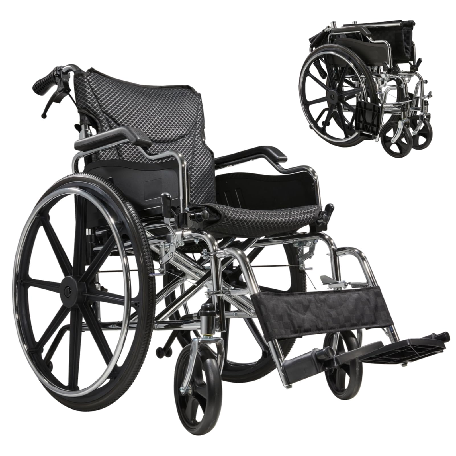 Sturdy Transport Wheelchair Folding 18 Inch Seat Breathable Oxford Fabric Cushion Upholstered Flip Back Armrests Anti Tilt Device 24 Inch Wheels, Silver